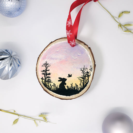 Bunny & Butterfly with Sunset Handpainted Wood Ornament